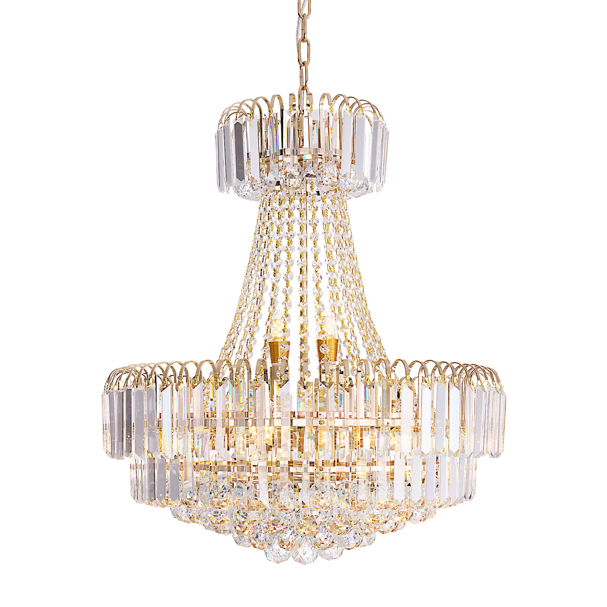 Valerisse gold crystal tiered empire chandelier on a white background