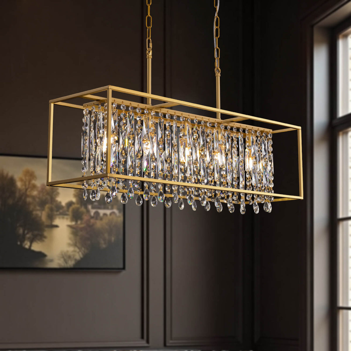 Velora Luxury Modern Gold Brass Crystal Rectangular Linear Chandelier ...