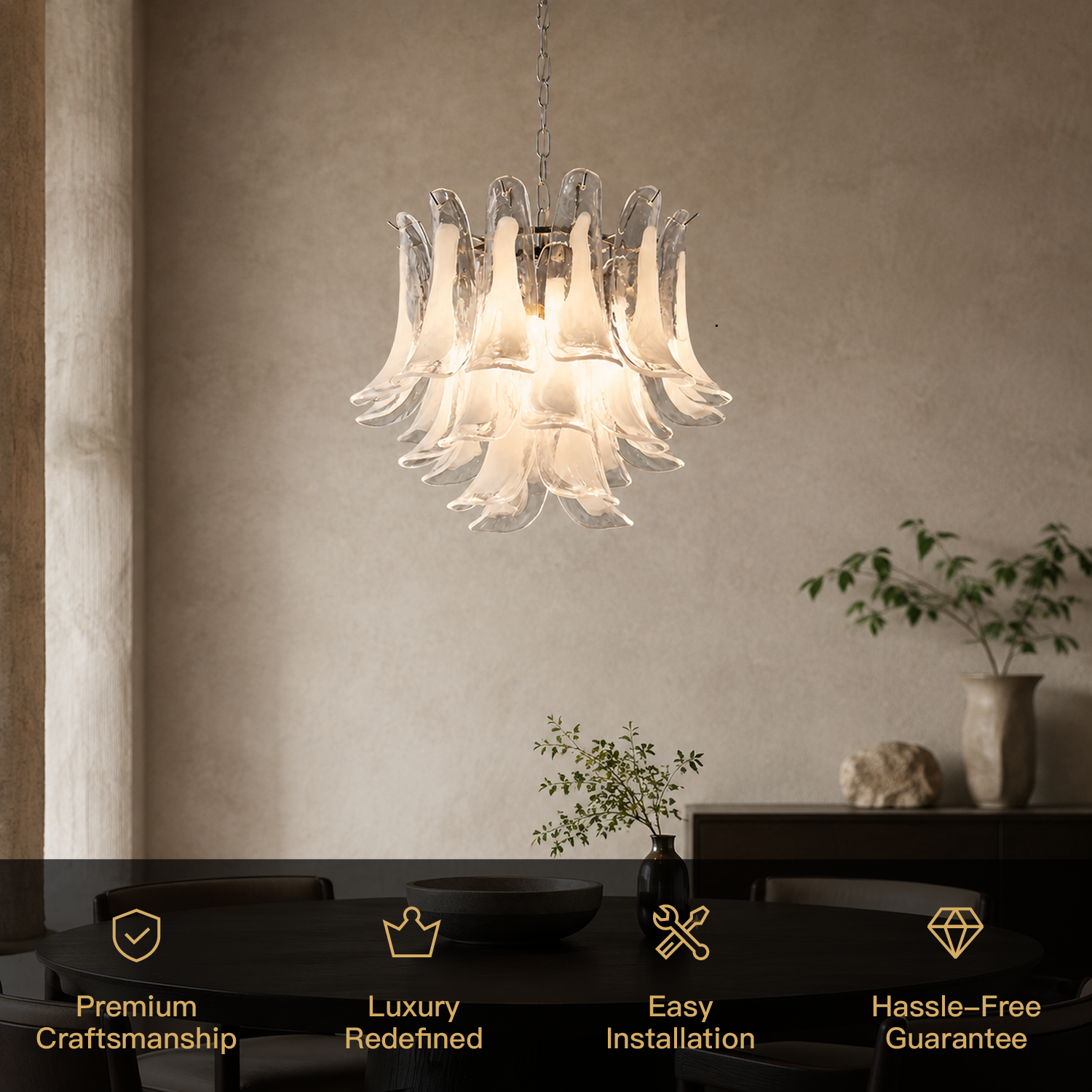 Veloria glass chandelier craftsmanship and installation features