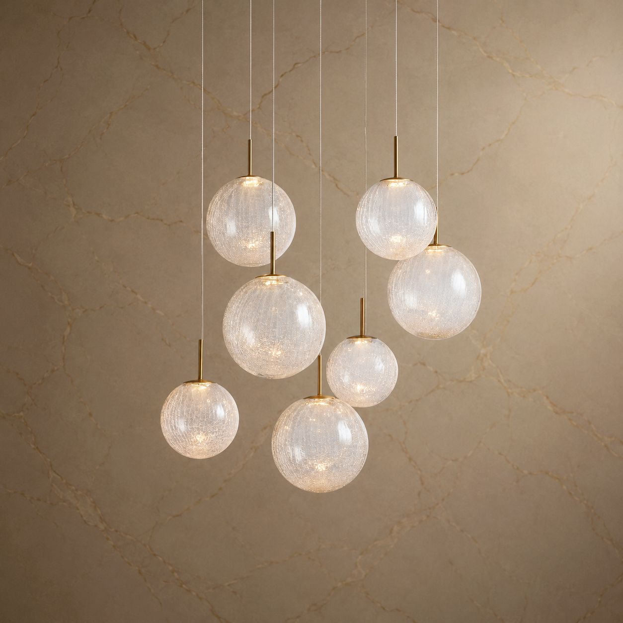 Veritas 7-Light Sculptural Chandelier — seven textured glass globes, brass stems, cascading design for grand spaces | Sofary Lighting