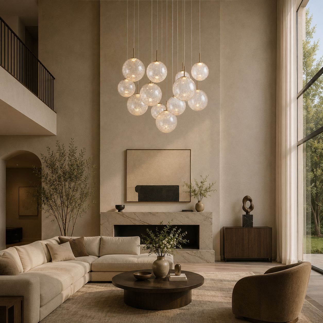 Veritas Chandelier above living room seating — beige L-sofa, wooden coffee table, large windows, cozy modern luxury | Sofary Lighting