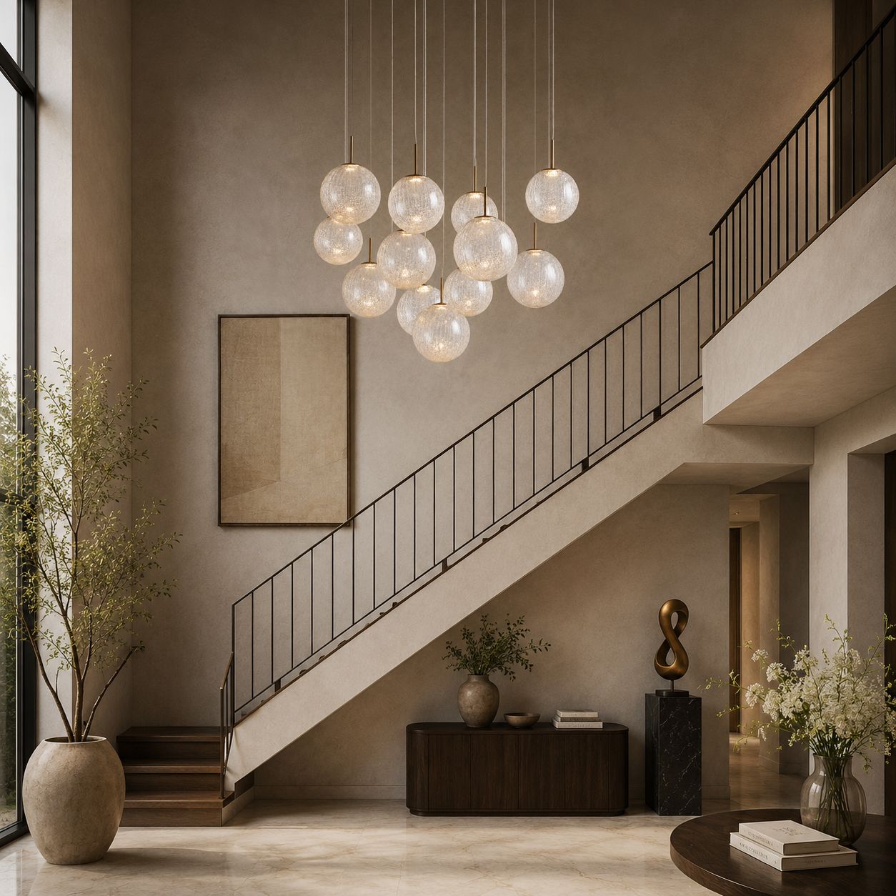 Veritas Chandelier suspended over grand staircase — high ceilings, black wrought iron railing, natural light, luxurious ambiance | Sofary Lighting