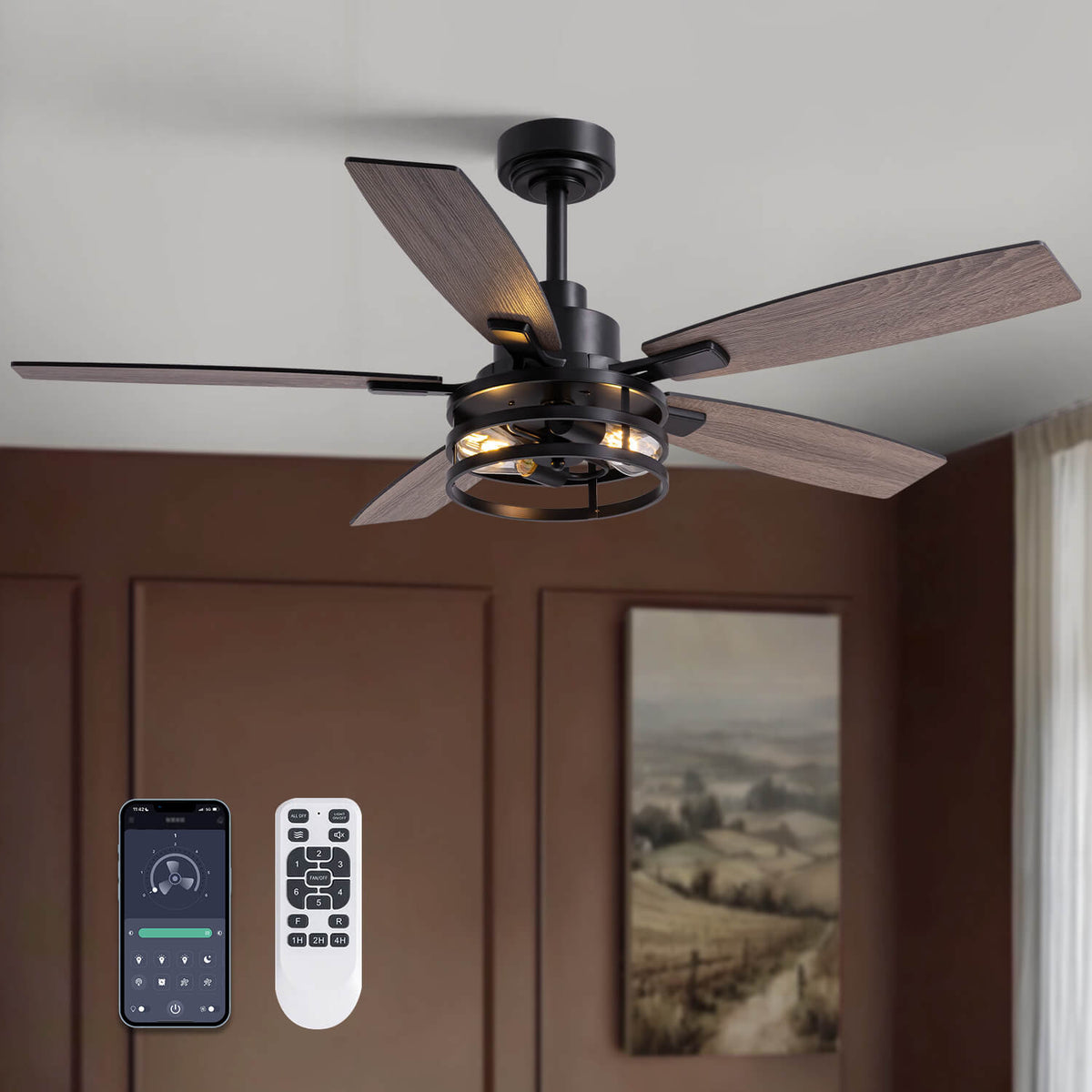 Vintara Farmhouse Cage Ceiling Fan with Lights \u0026 Remote, image size:1200x1200