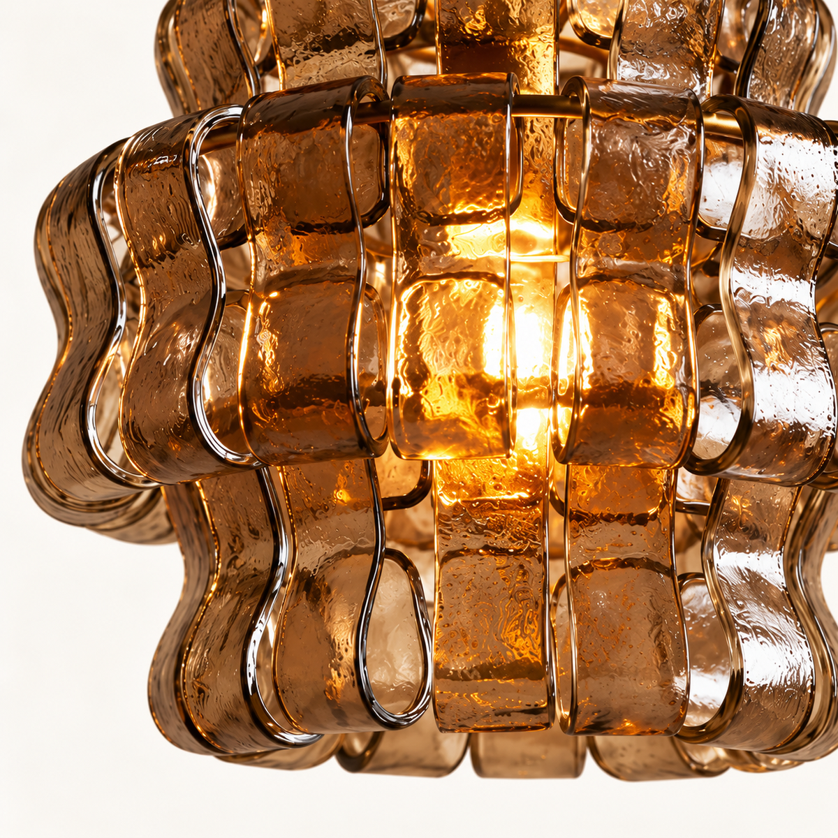 Close-up of Virelune amber rippled glass texture and warm light