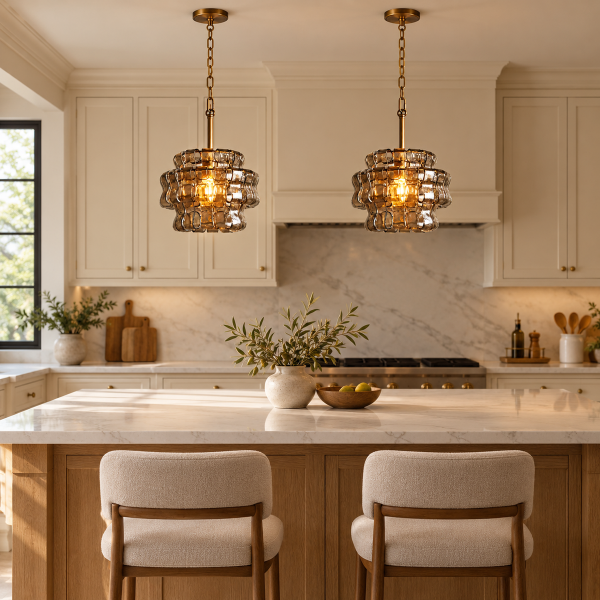 Two compact Virelune antique bronze and amber rippled glass mini pendants independently suspended above a kitchen island