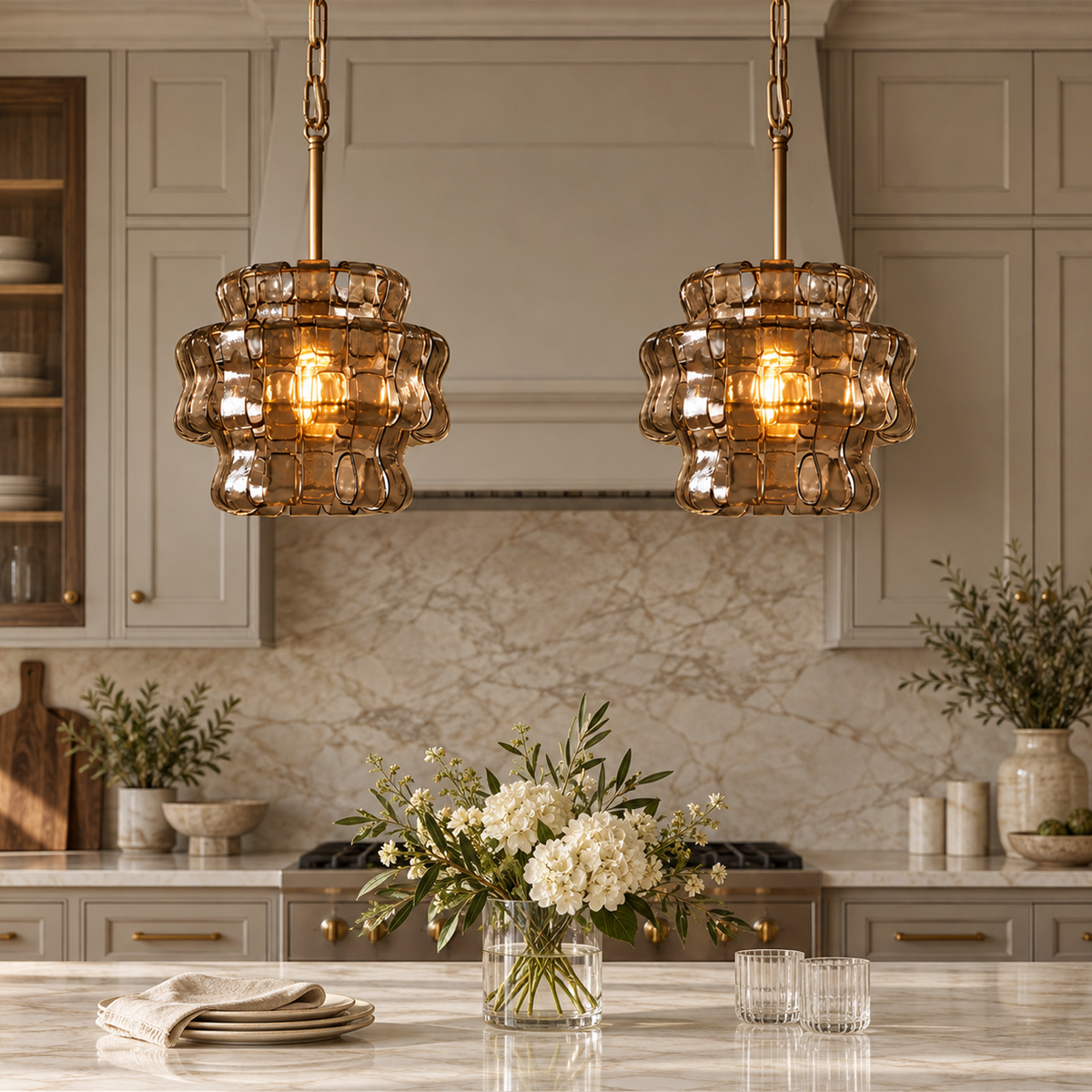 Two compact Virelune antique bronze and amber rippled glass mini pendants independently suspended above a kitchen island