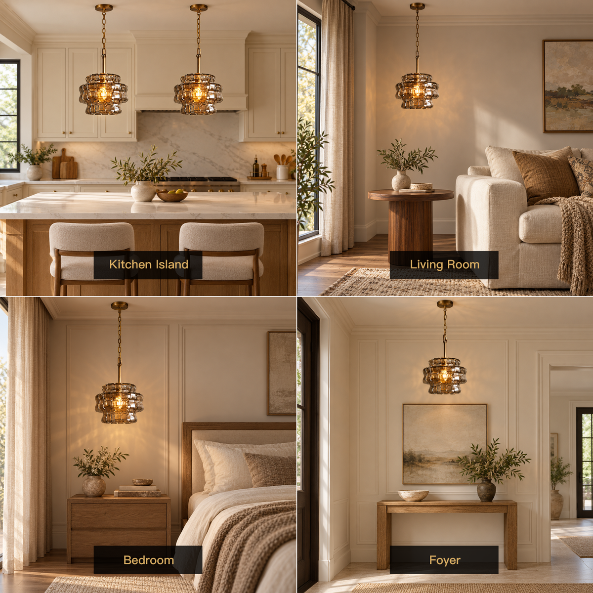 Virelune mini pendants in a double-pendant kitchen island scene plus living room, bedroom and foyer settings