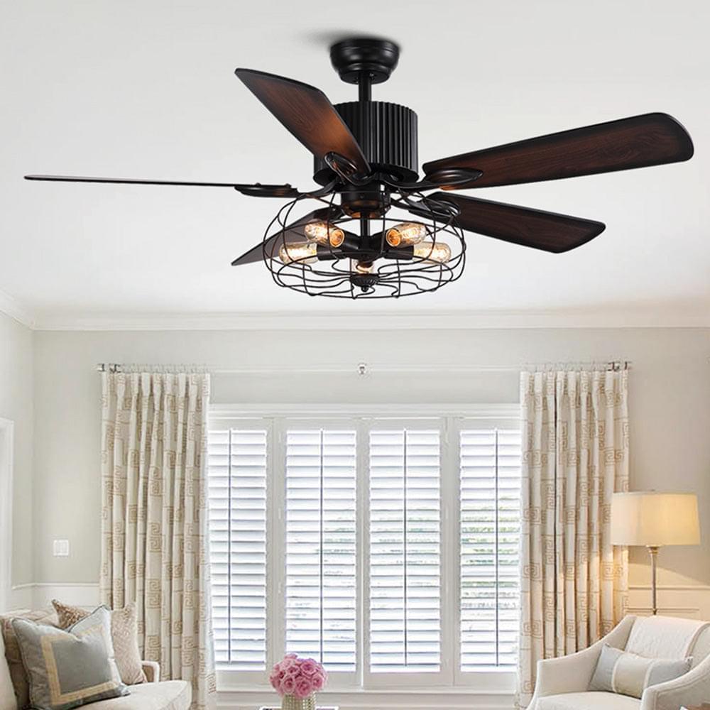5 - Blade Industrial Caged Ceiling Fan With Remote Control - Living Room | Sofary