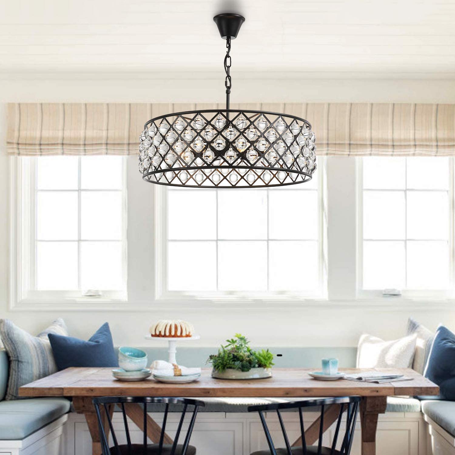 Black Drum Shape Crystal Chandelier - Pendant Light - Dining Room | Sofary