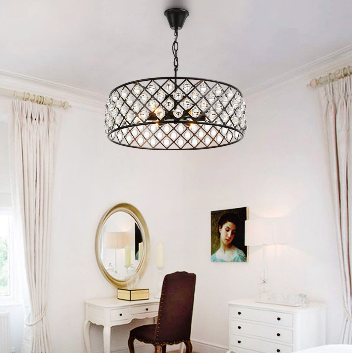 Black Drum Shape Crystal Chandelier - Pendant Light - Bedroom | Sofary