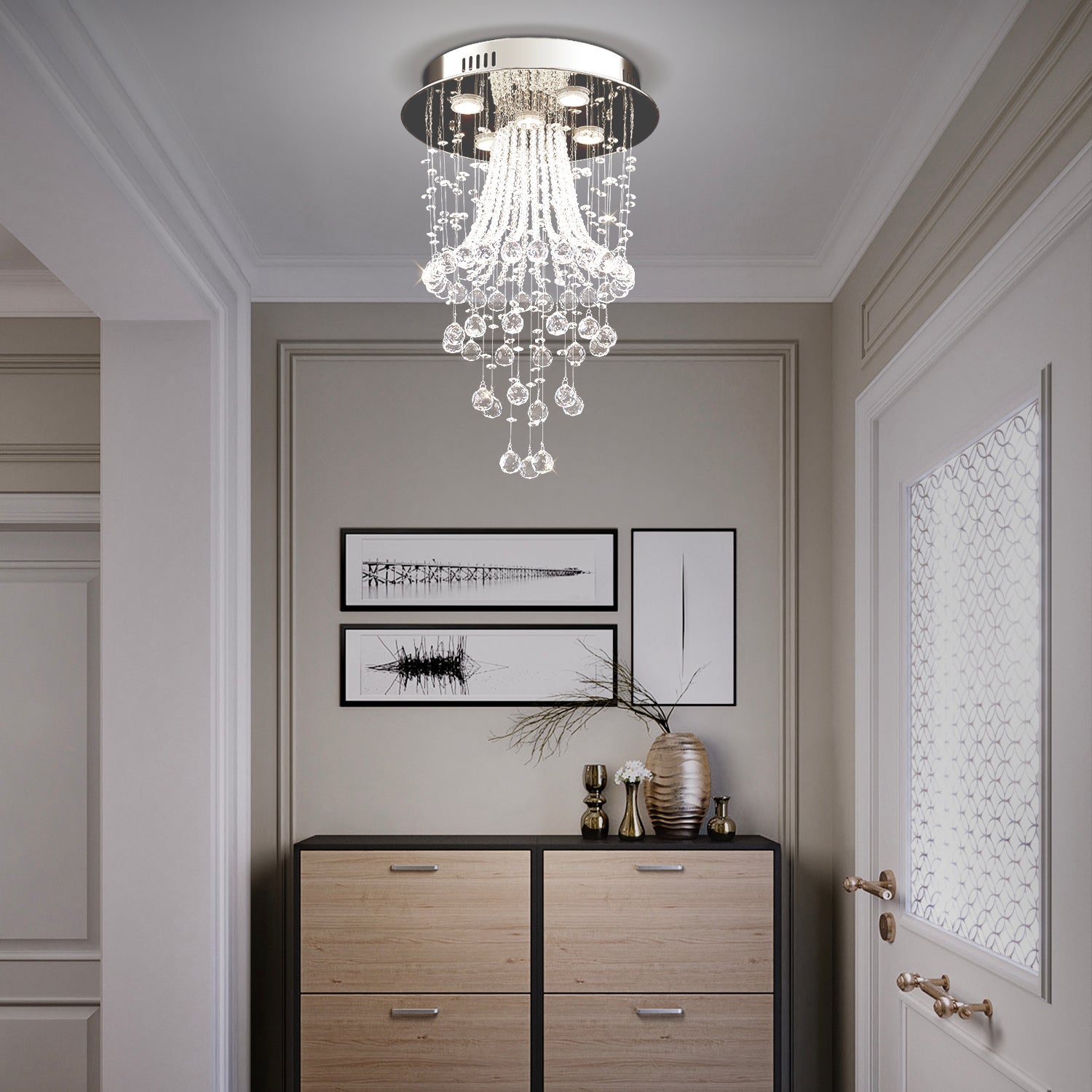 Modern Round Flush Mount Crystal Chandelier - entryway | Sofary