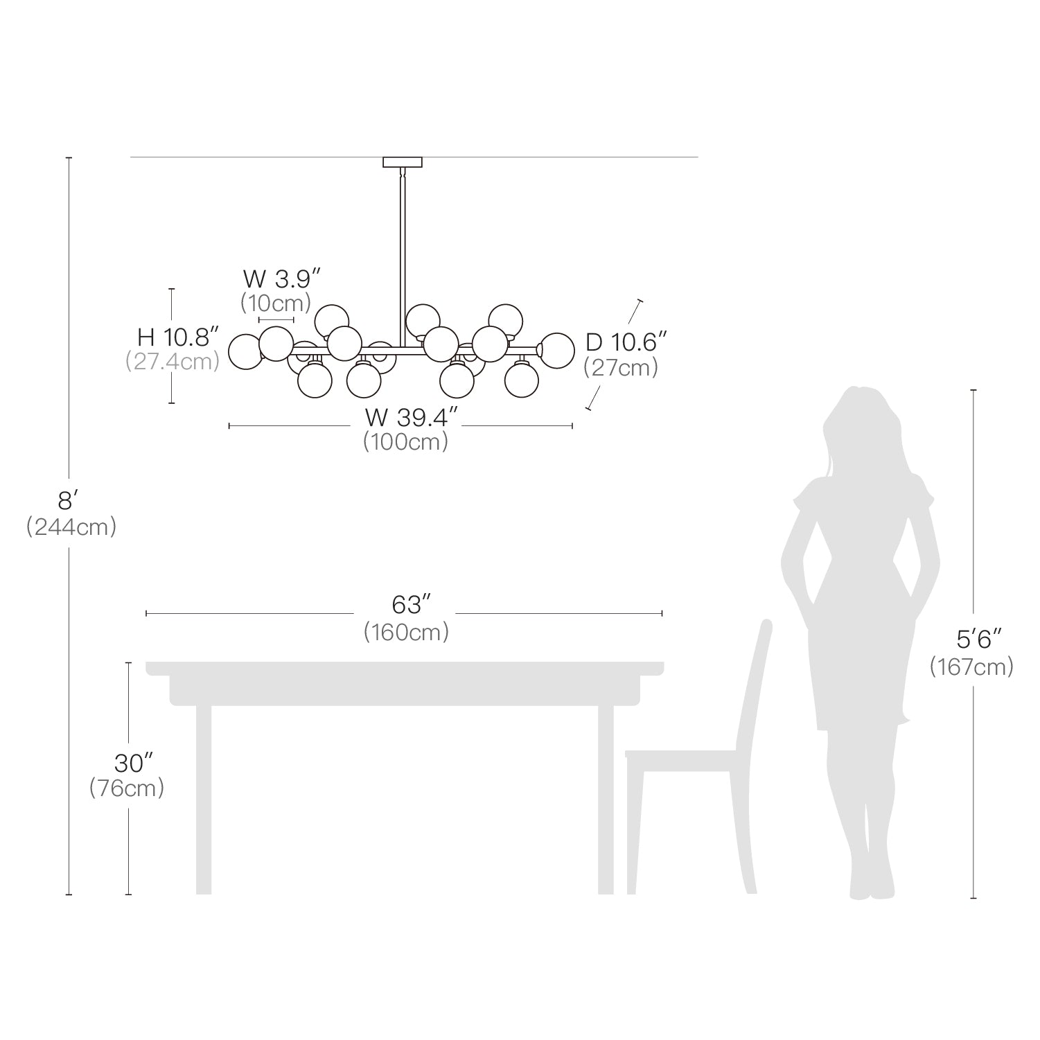 Glass Globes Linear Chandelier- Size Dimension