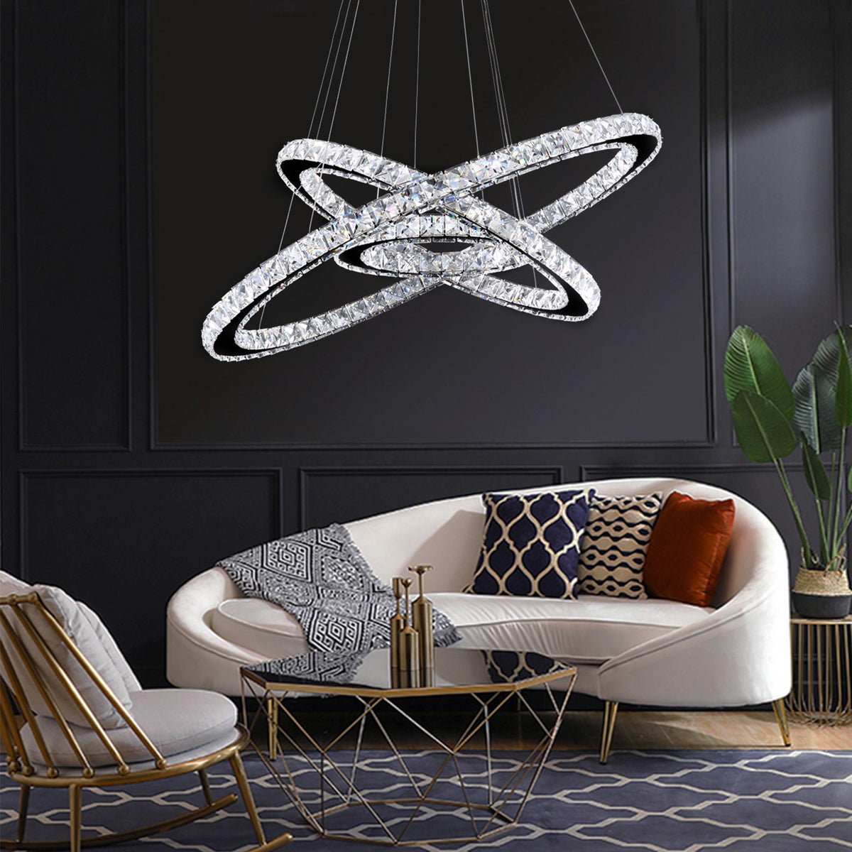 White Crystal LED 3 Ring Chandeliers for Living Room and Dining Room