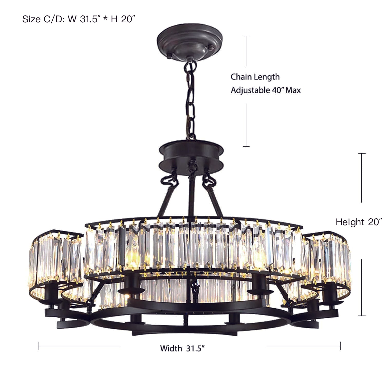 Round Modern Rustic Crystal Chandelier - Size Dimension