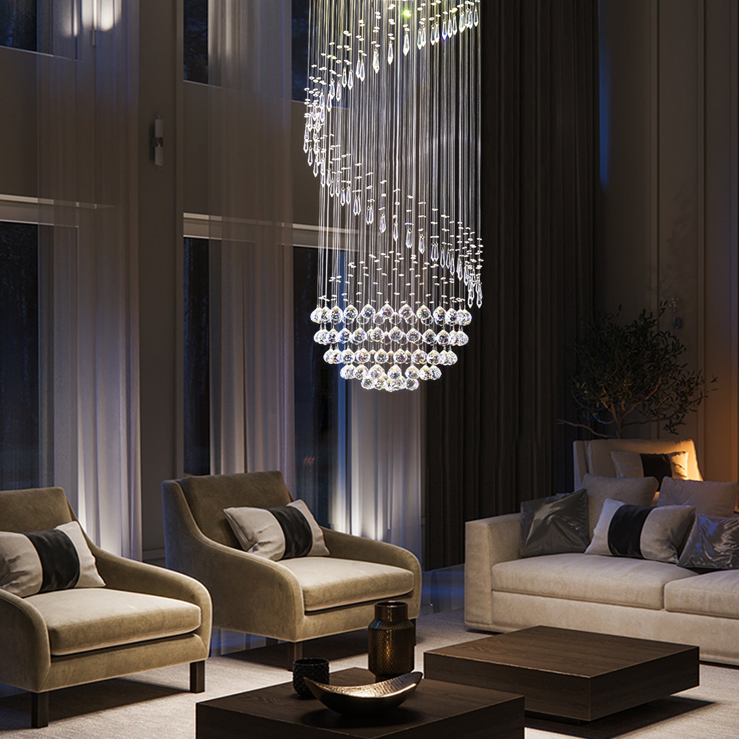 Single Spiral Hemisphere Rain Drop Crystal Chandelier - Staircase