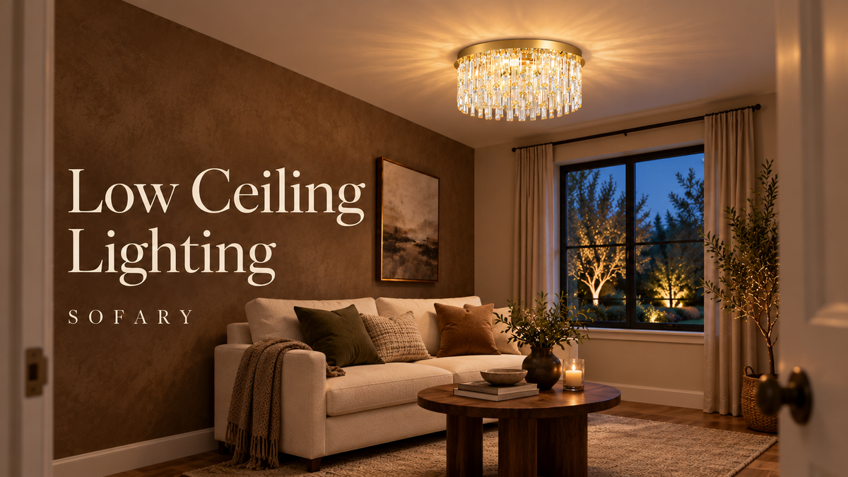 Low Ceiling Lighting cover showing a Sofary gold crystal flush mount in a compact sitting room
