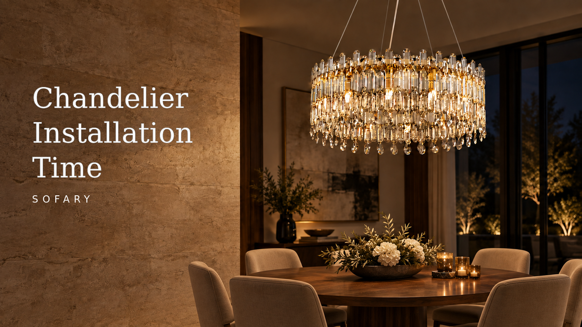 Sofary chandelier installation time guide with a round crystal chandelier centered above a round dining table
