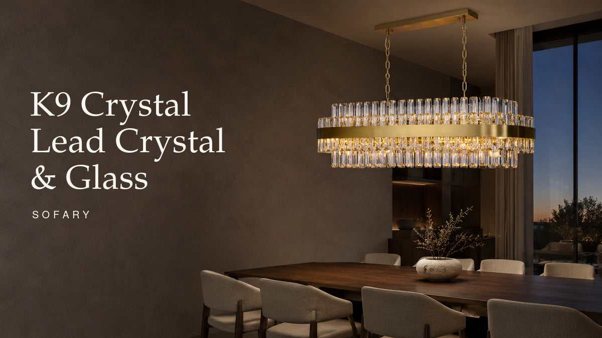 Valence K9 crystal chandelier in an evening dining room for a guide comparing K9 crystal, lead crystal and glass