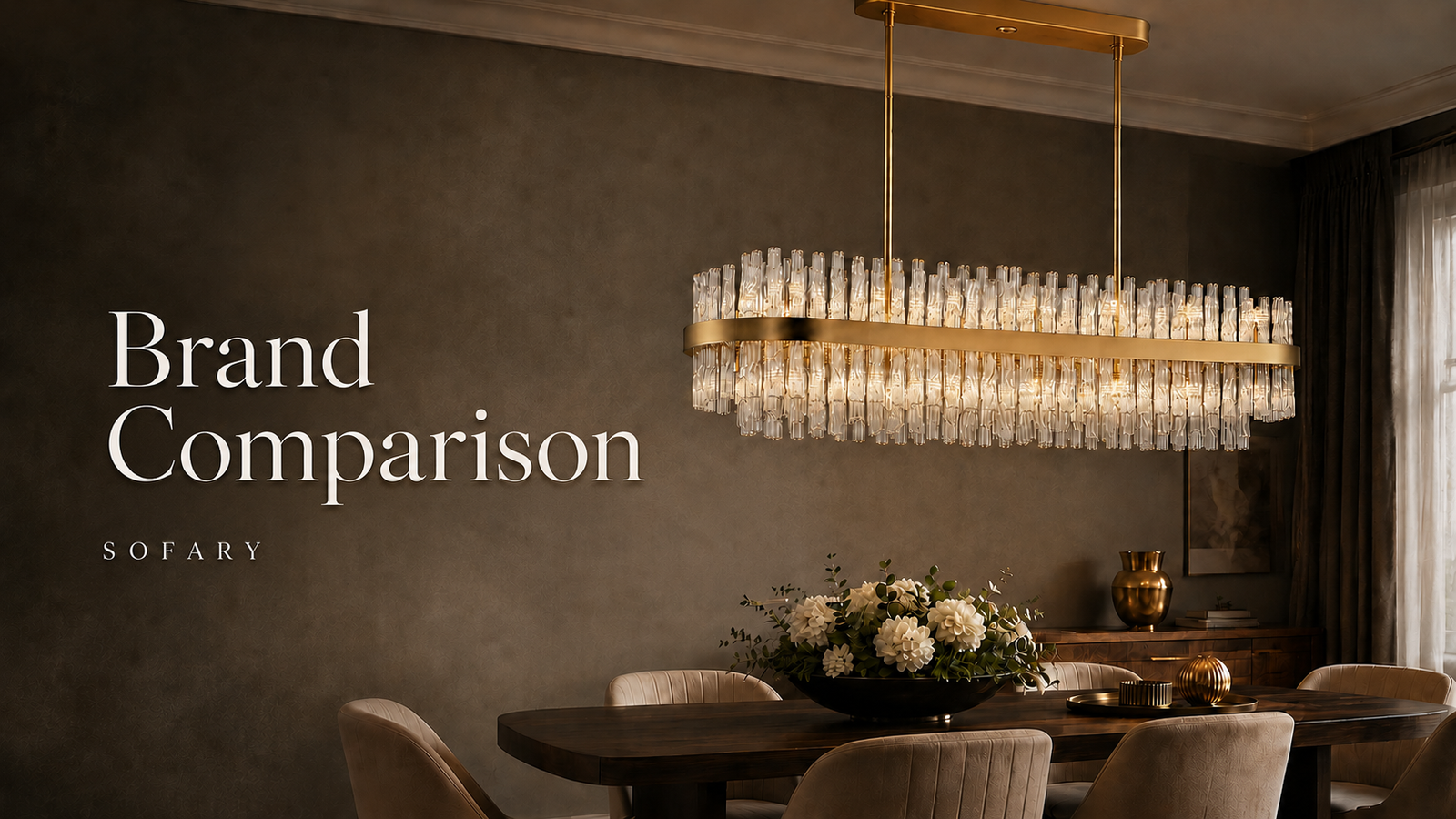 Brand comparison guide featuring a Sofary gold crystal rectangular chandelier in a dining room
