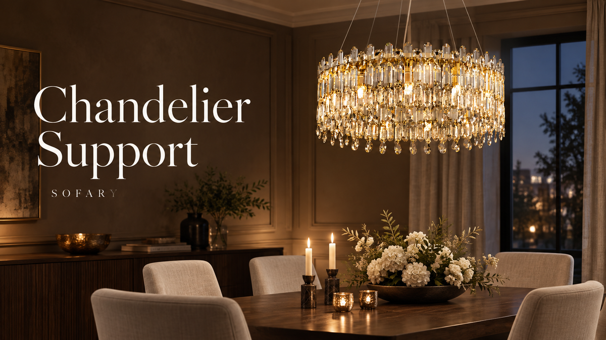 Chandelier Support guide cover with a gold crystal chandelier in a dining room