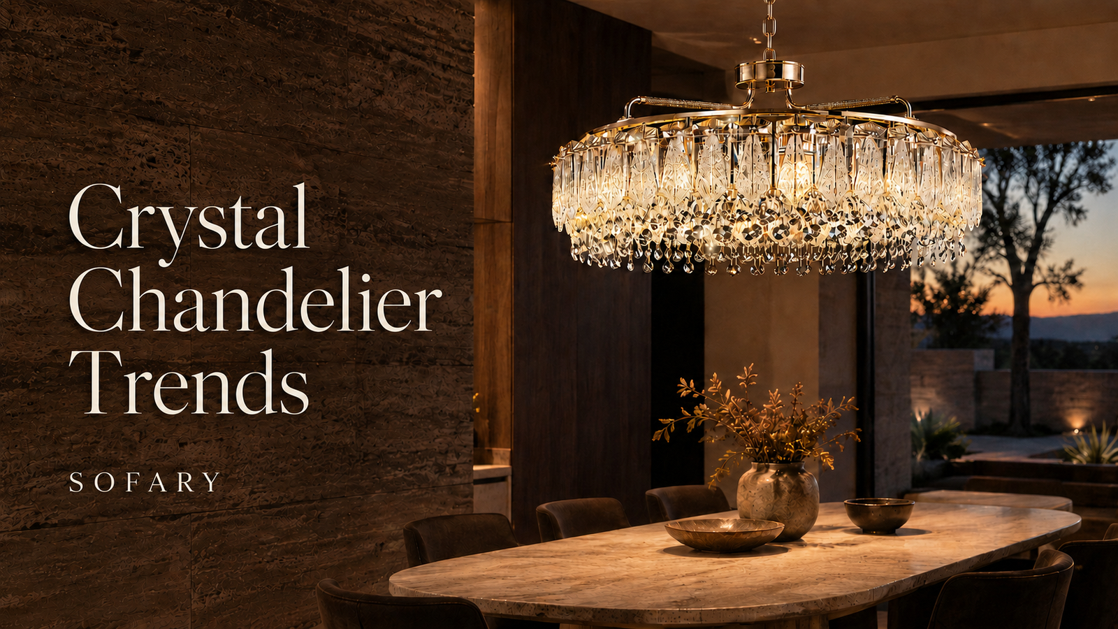 Crystal chandelier trends guide featuring a Sofary gold crystal chandelier in a contemporary dining room