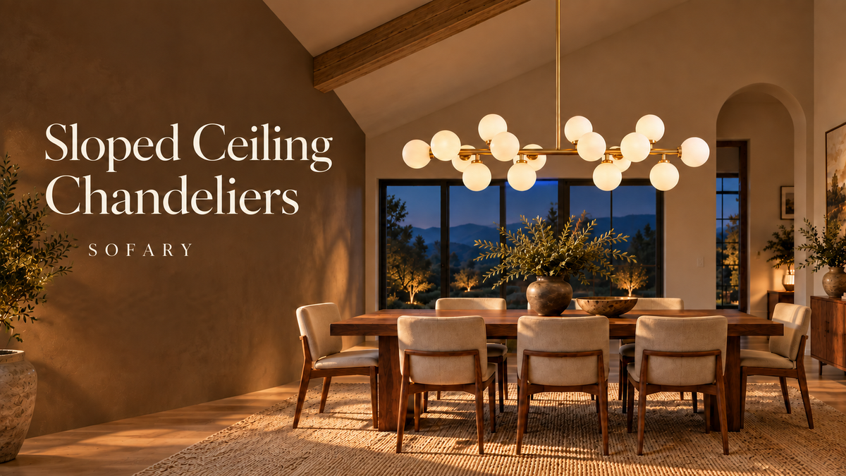 Sofary sloped ceiling chandelier guide featuring the Vora gold glass globe linear chandelier above a dining table