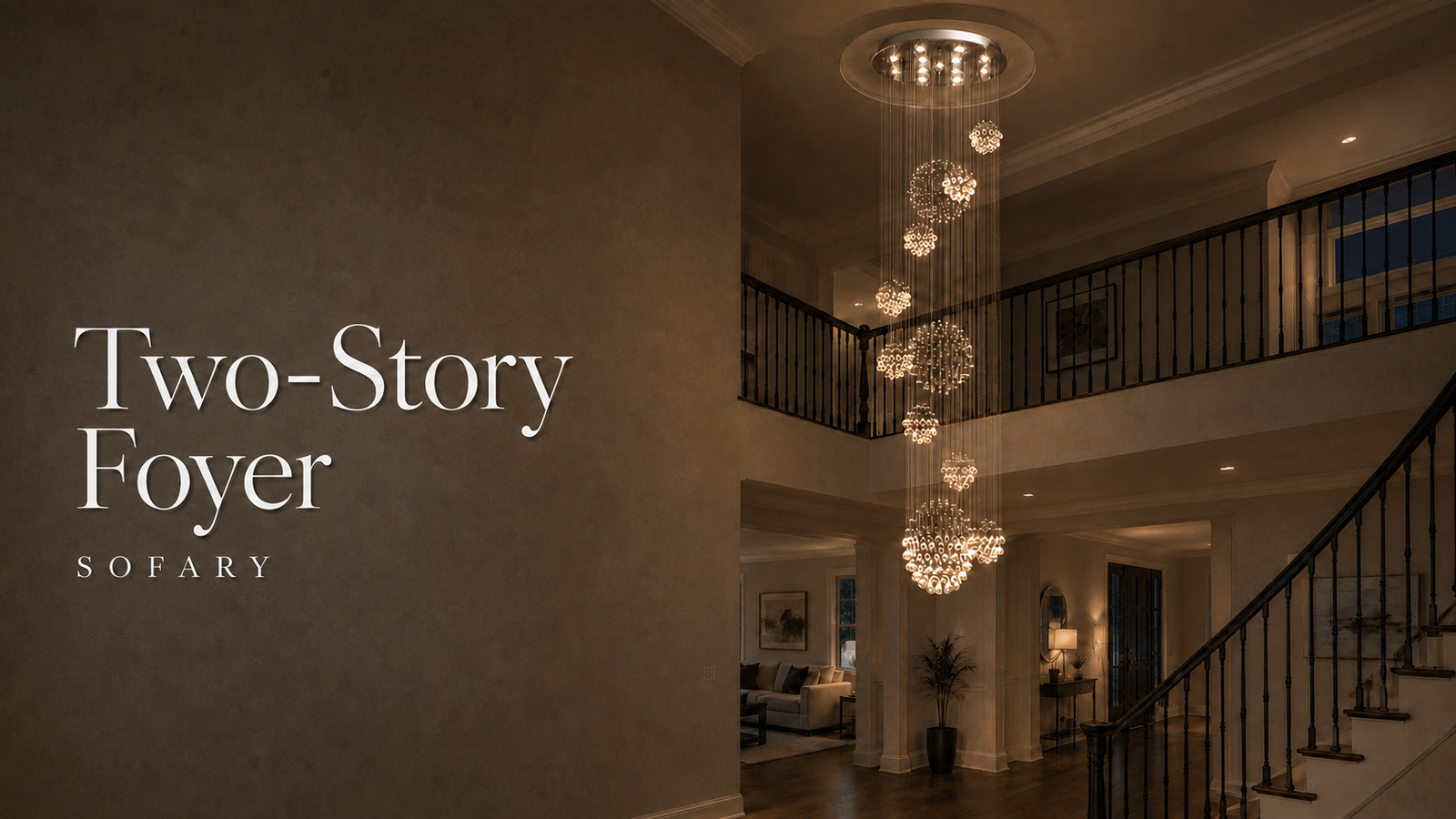 Two-story foyer guide featuring a Sofary spiral crystal chandelier in a nighttime entryway