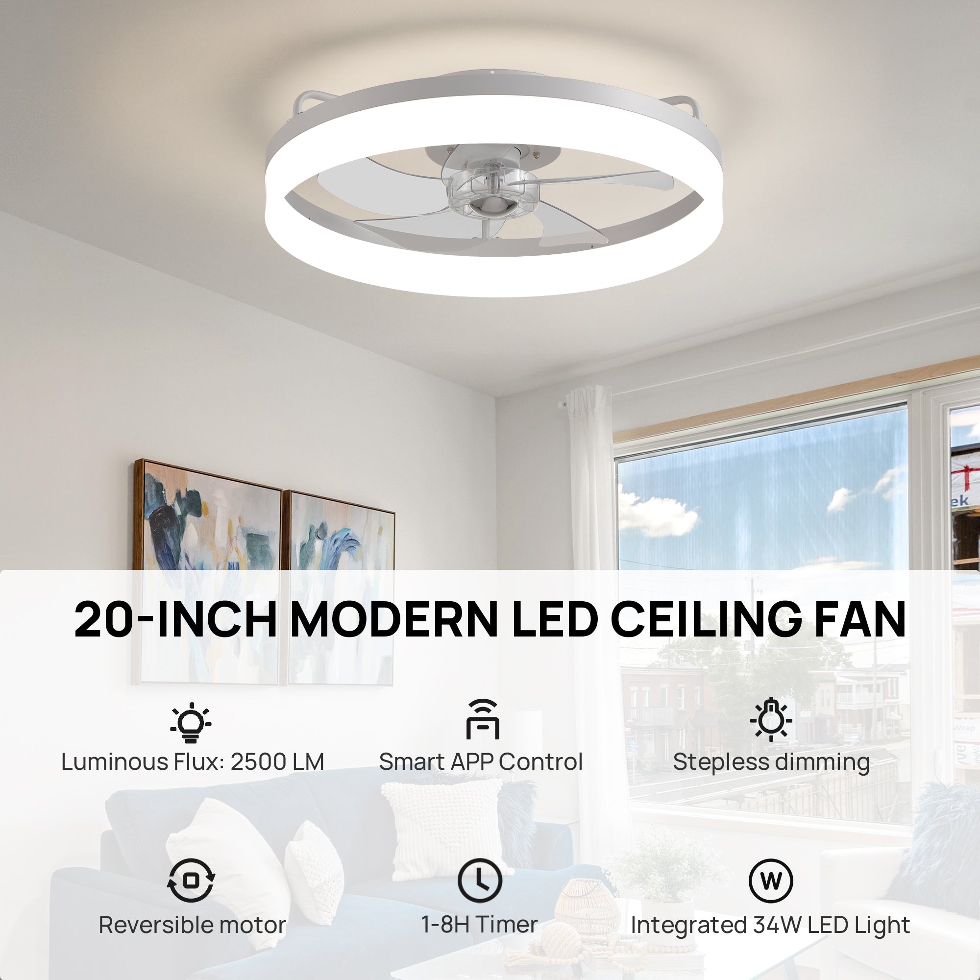 Aeros 19.69" Modern White Low Profile Caged Ceiling Fan with LED Light
