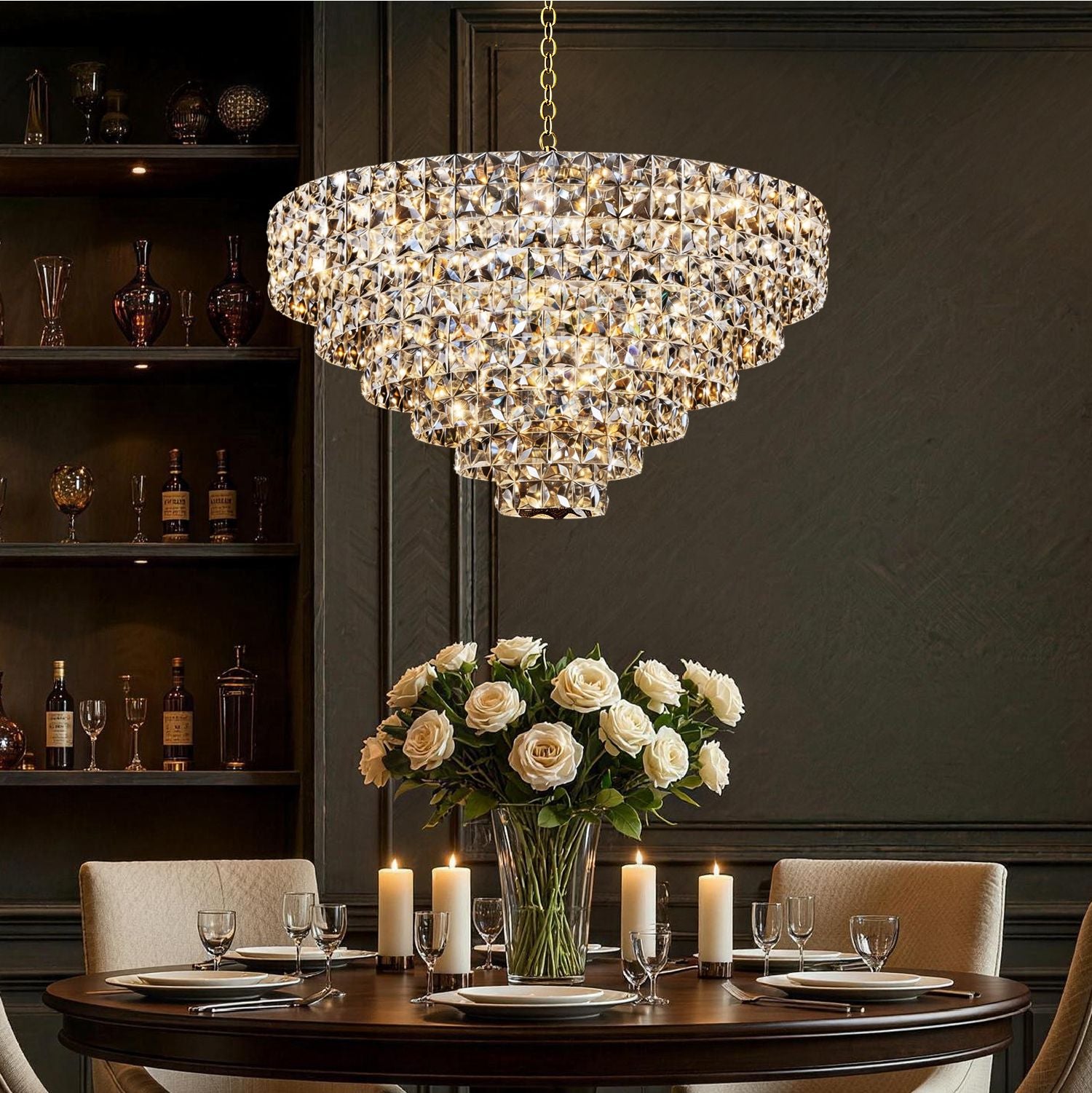 Aria Modern Chrome K9 Crystal Glacier Irregular Three-Color Dimming Chandelier