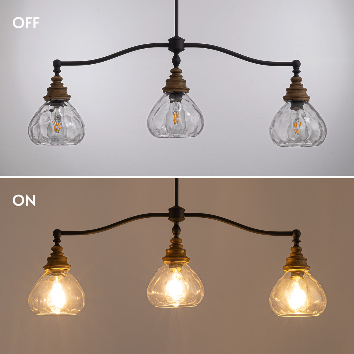 Brinley Vintage Farmhouse Bronze Clear Ripple Glass 3-Light Linear Chandelier