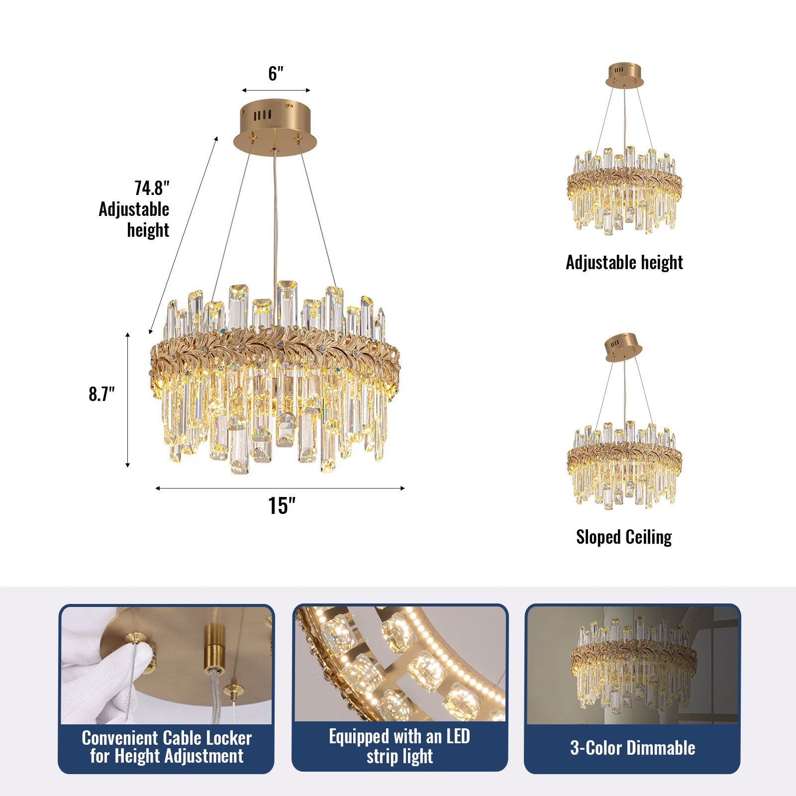 gold crystal chandelier size diagram with adjustable hanging height 15inch round led chandelier dimensions and ceiling compatibility | Sofary Lighting