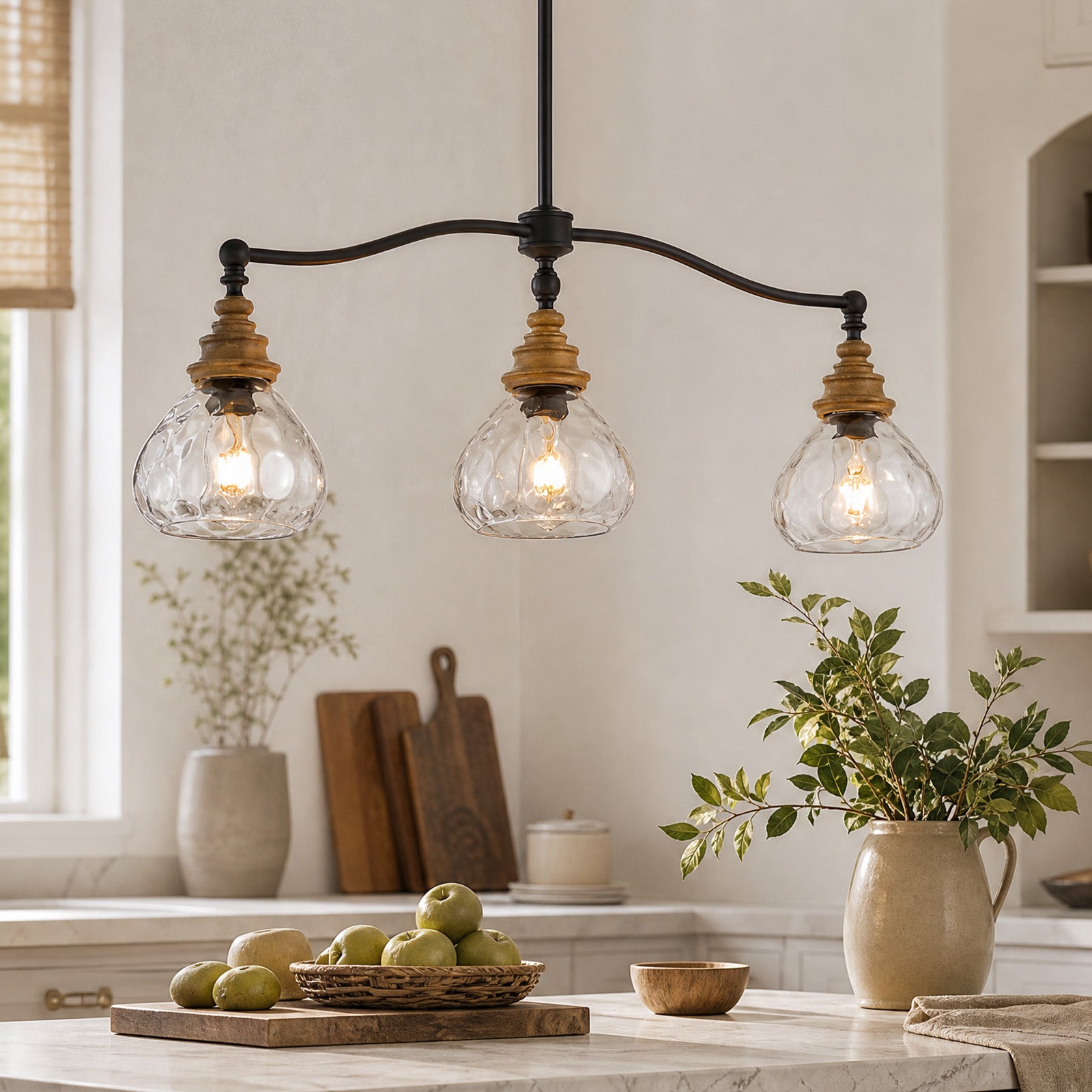 Brinley Vintage Farmhouse Bronze Clear Ripple Glass 3-Light Linear Chandelier
