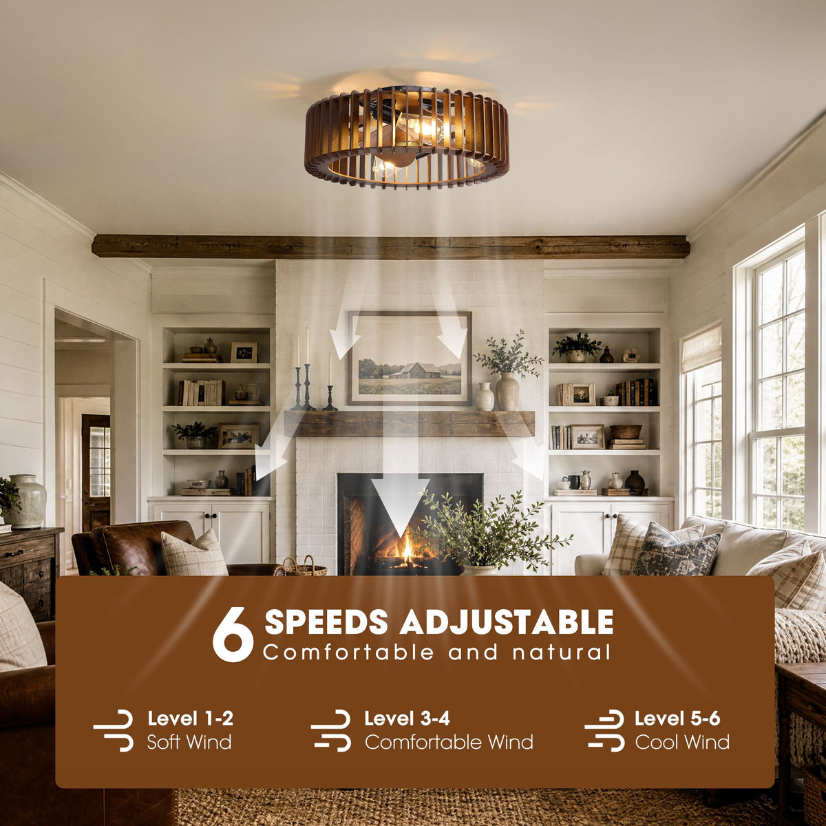 Industrial caged ceiling fan 6 speed adjustable — Level 1-2 soft wind, Level 3-4 comfortable wind, Level 5-6 cool wind, cozy farmhouse living room with fireplace, bookshelf, sofa, and window | Sofary Lighting