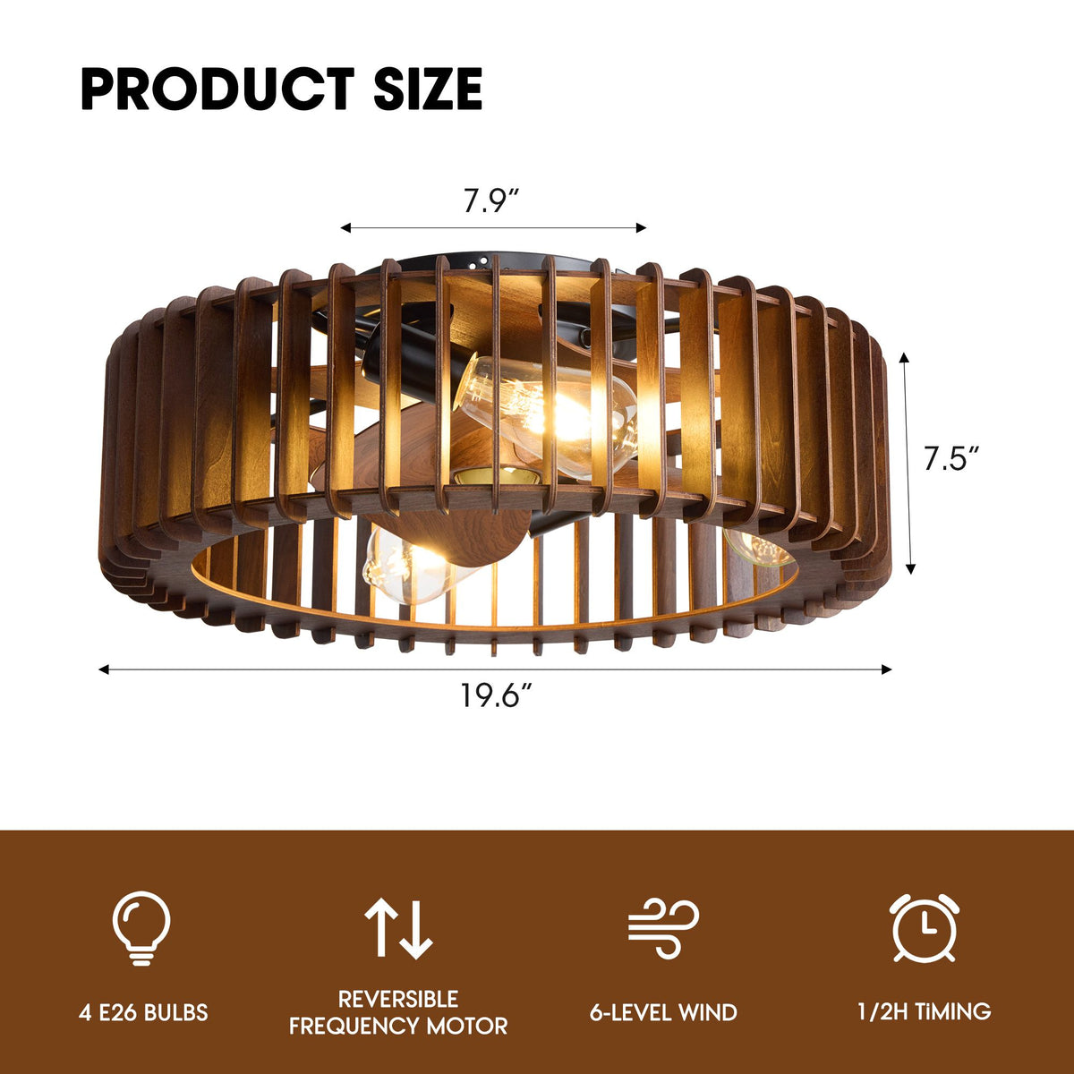19.6" Industrial Caged Flush Mount Ceiling Fan product size — top width 7.9", height 7.5", bottom length 19.6", 4xE26 bulbs, reversible frequency motor, 6-level wind, 1/2H timing, flush mount design with warm Edison bulb glow | Sofary Lighting