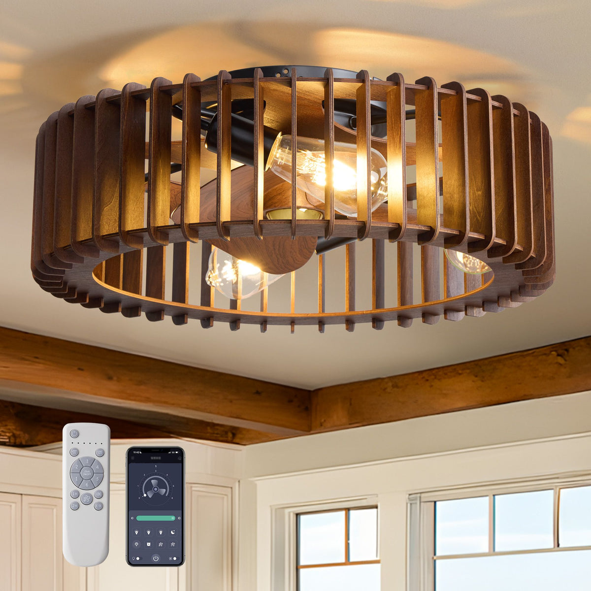 19.6" Industrial Caged Flush Mount Ceiling Fan with Light — dark wood cage, matte black metal frame, 4 vintage Edison bulbs, flush mount design, farmhouse wood beam ceiling, remote and app control icons | Sofary Lighting