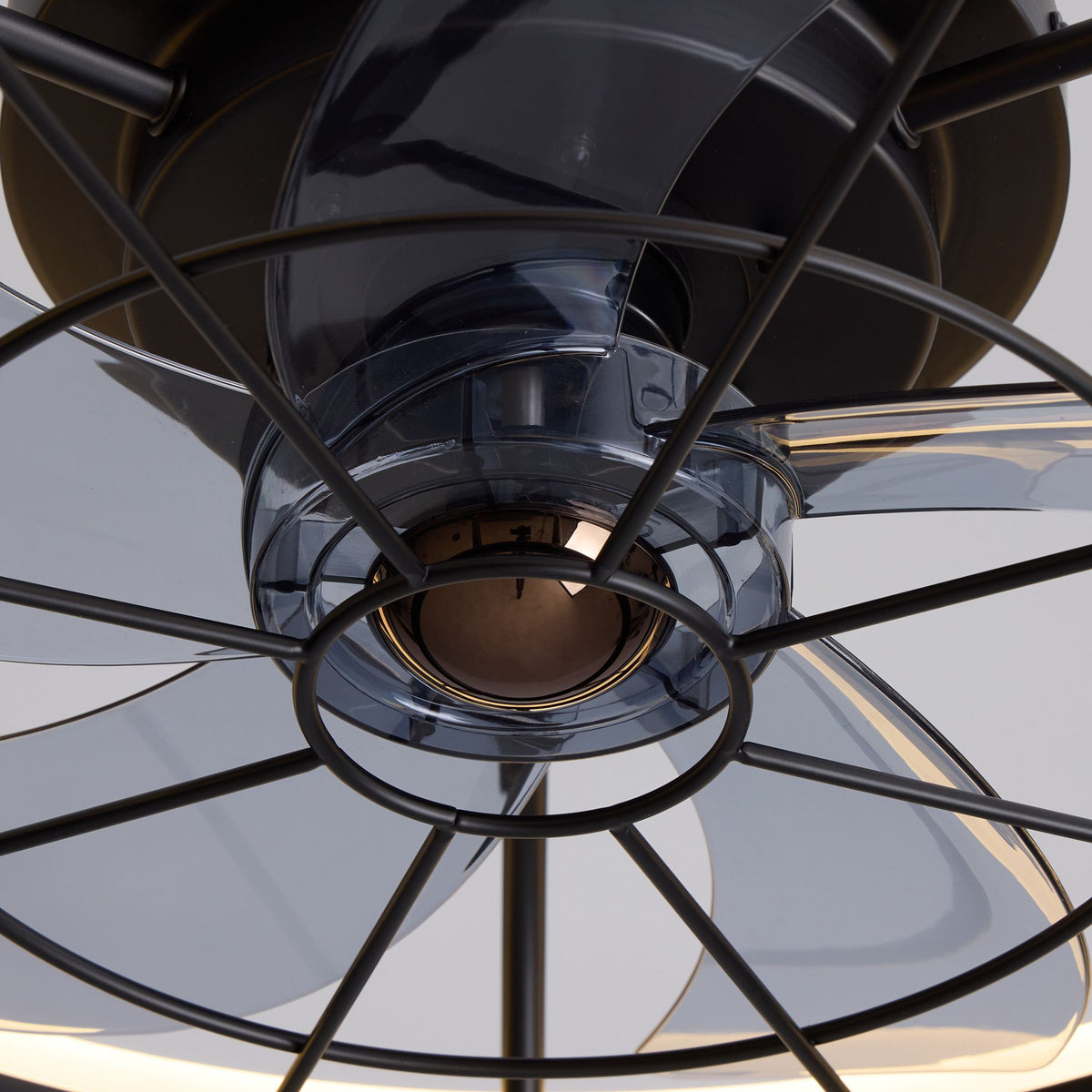 Center motor detail of modern black ceiling fan — caged fandelier, sleek metallic finish, durable construction | Sofary Lighting
