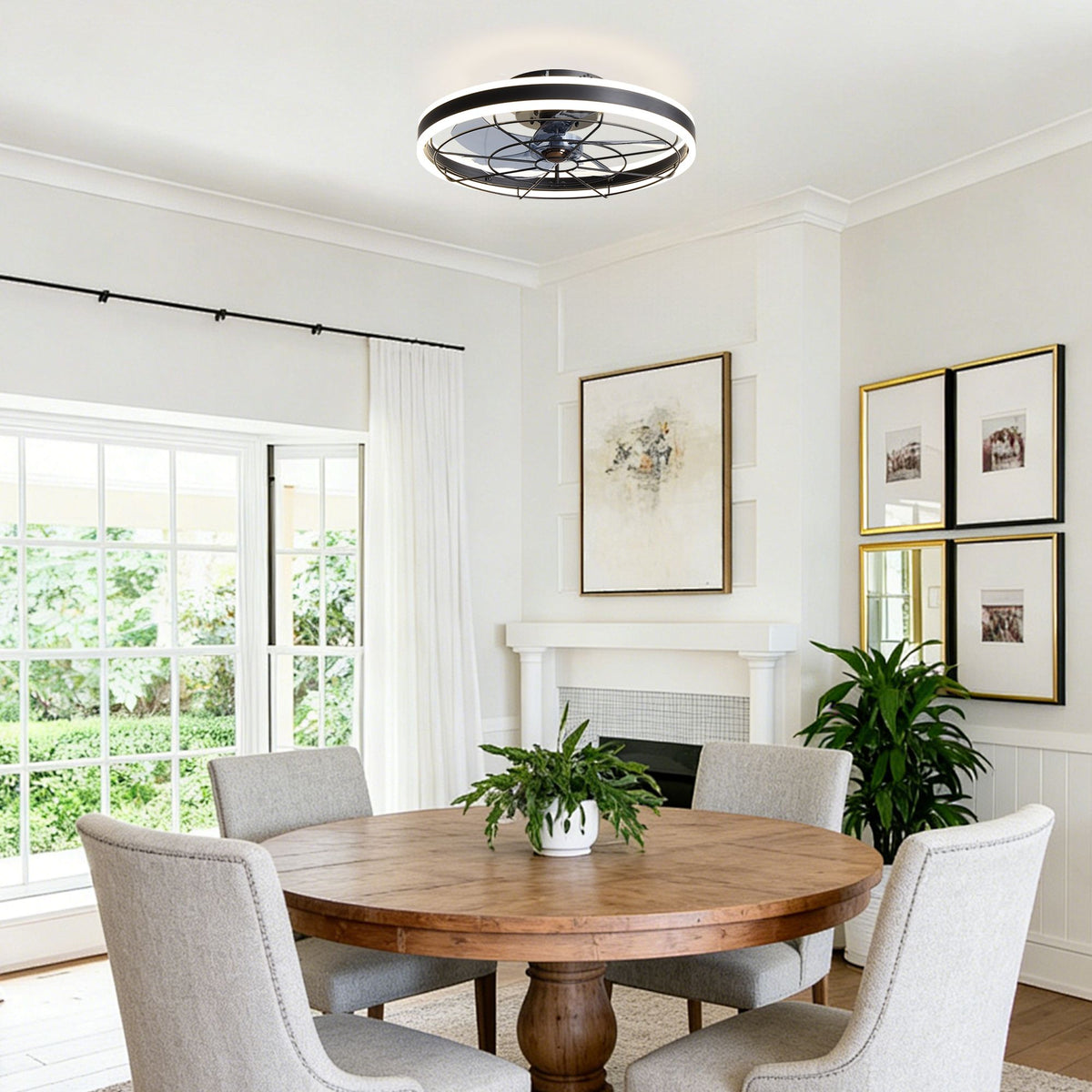 Black dual-ring ceiling fan in dining room — 19.6" flush mount LED fandelier, caged design, modern farmhouse decor | Sofary Lighting