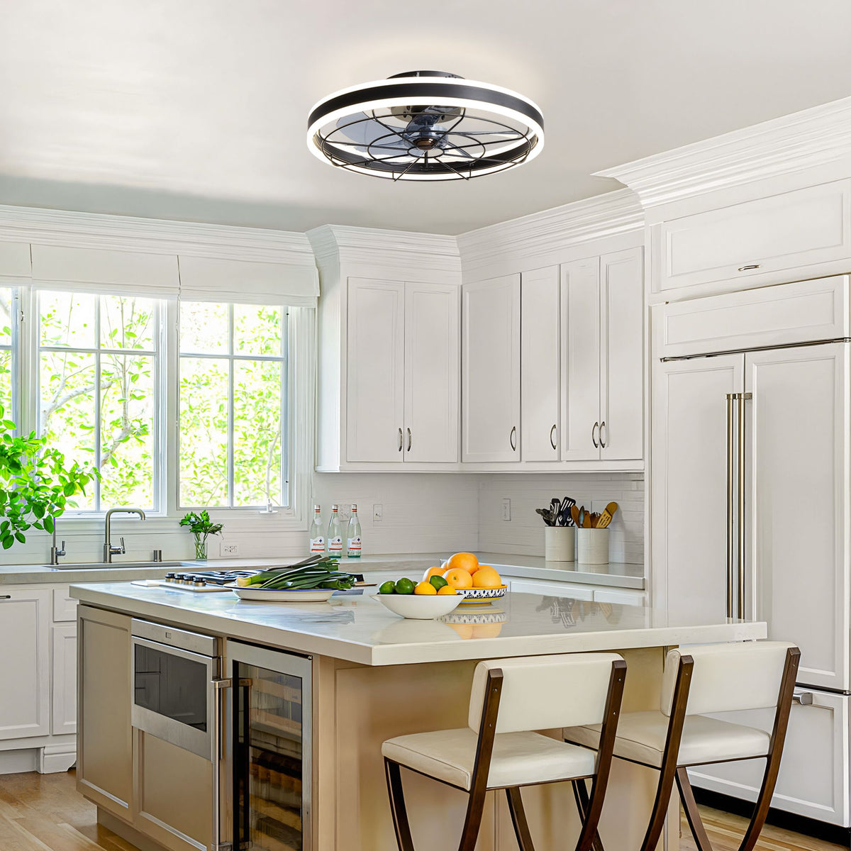 Black caged ceiling fan over kitchen island — 19.6" dual-ring flush mount LED fandelier, space-saving low profile | Sofary Lighting