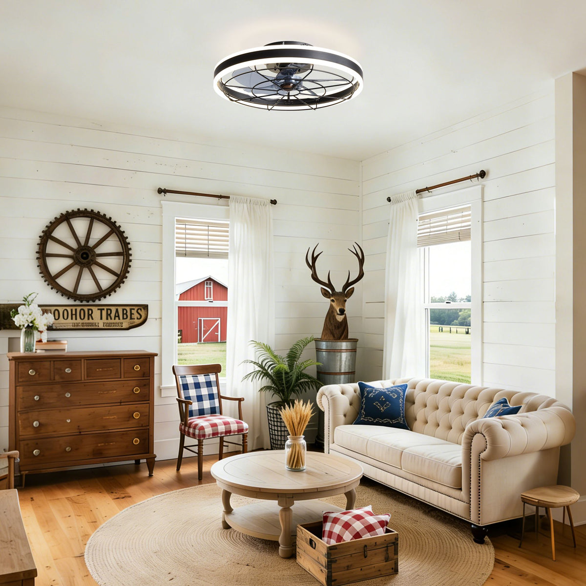 Modern black ceiling fan in living room — 19.6" dual-ring flush mount with LED light, rustic farmhouse style, warm glow | Sofary Lighting