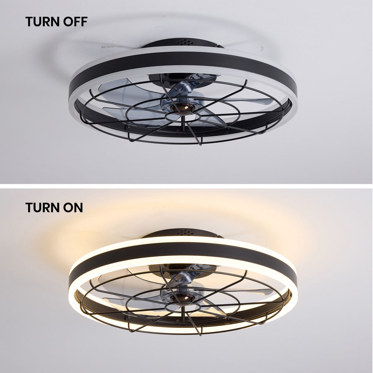 Ceiling fan light on & off comparison — 19.6" black dual-ring fandelier, bright LED ring when on, sleek caged look when off | Sofary Lighting