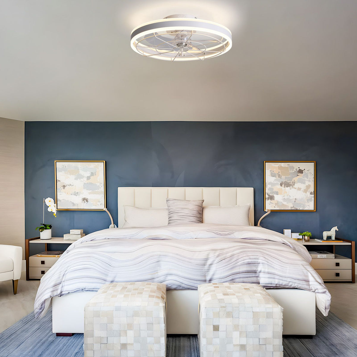 White flush mount ceiling fan in bedroom — 19.6" modern LED fandelier, circular ring light, quiet cooling | Sofary Lighting