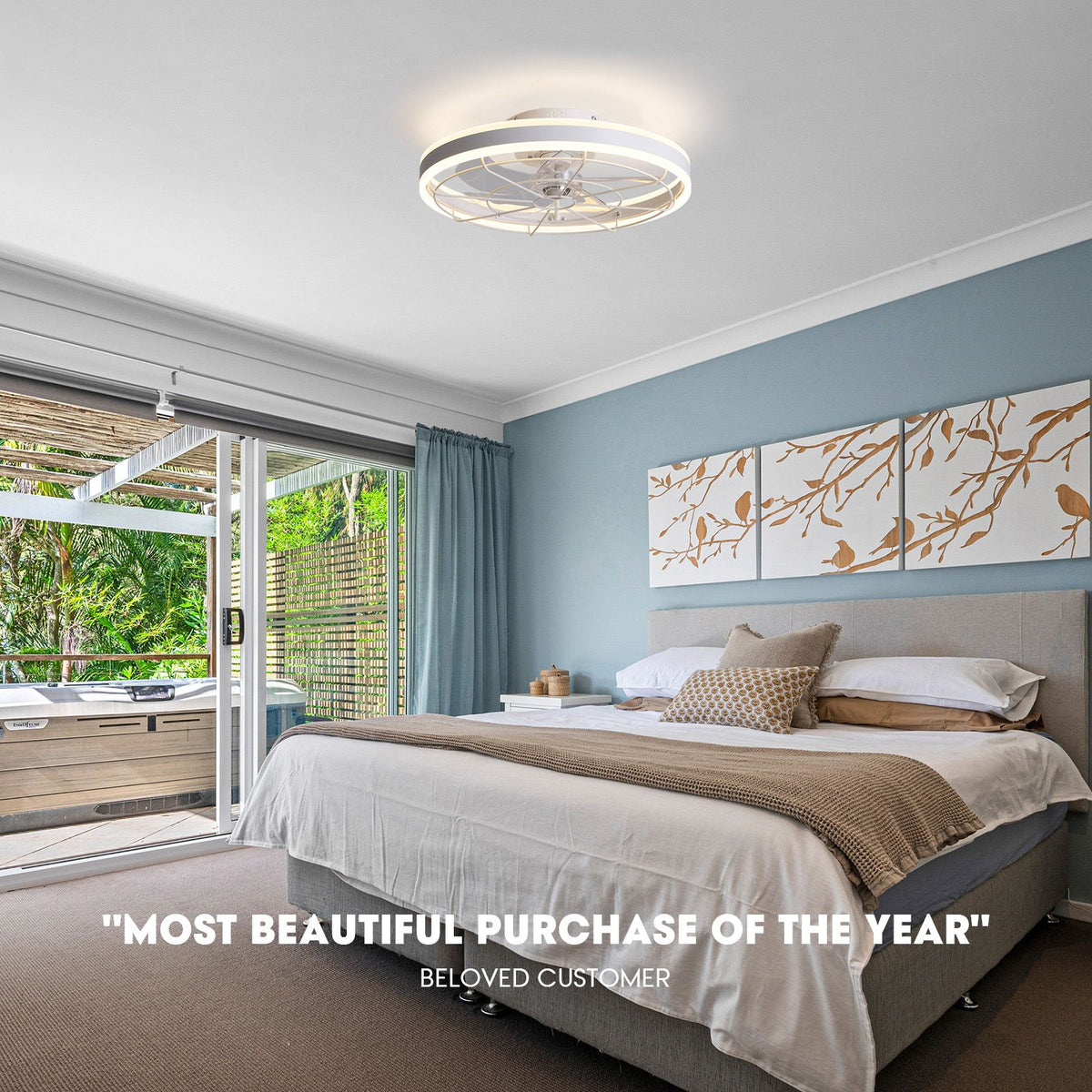 Modern white flush mount ceiling fan in bedroom — "Most Beautiful Purchase of the Year" beloved customer review, elegant LED light | Sofary Lighting