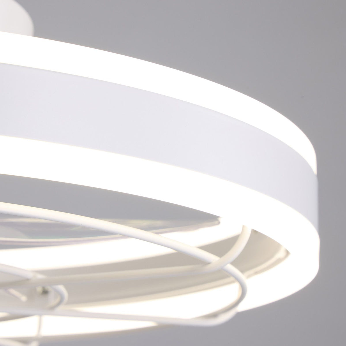 Close-up of white ceiling fan detail — 19.6" modern flush mount, double ring LED light, transparent invisible blades | Sofary Lighting