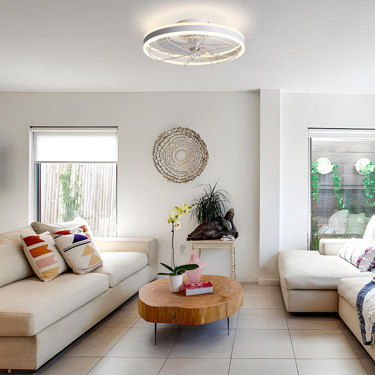 Modern white flush mount ceiling fan in living room — 19.6" LED fandelier, circular ring light, invisible blades, bright home decor | Sofary Lighting