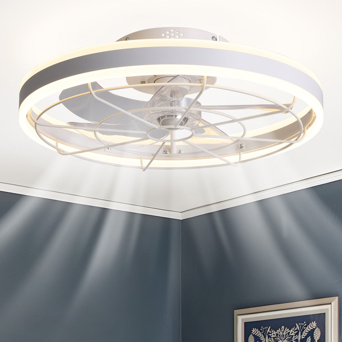 19.6" Modern White Flush Mount Ceiling Fan with LED Light — circular ring chandelier fan, low profile design, invisible blades | Sofary Lighting