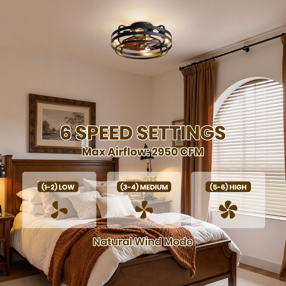 6 speed settings ceiling fan — 1-2 low, 3-4 medium, 5-6 high, natural wind mode, max airflow 2950 CFM | Sofary Lighting