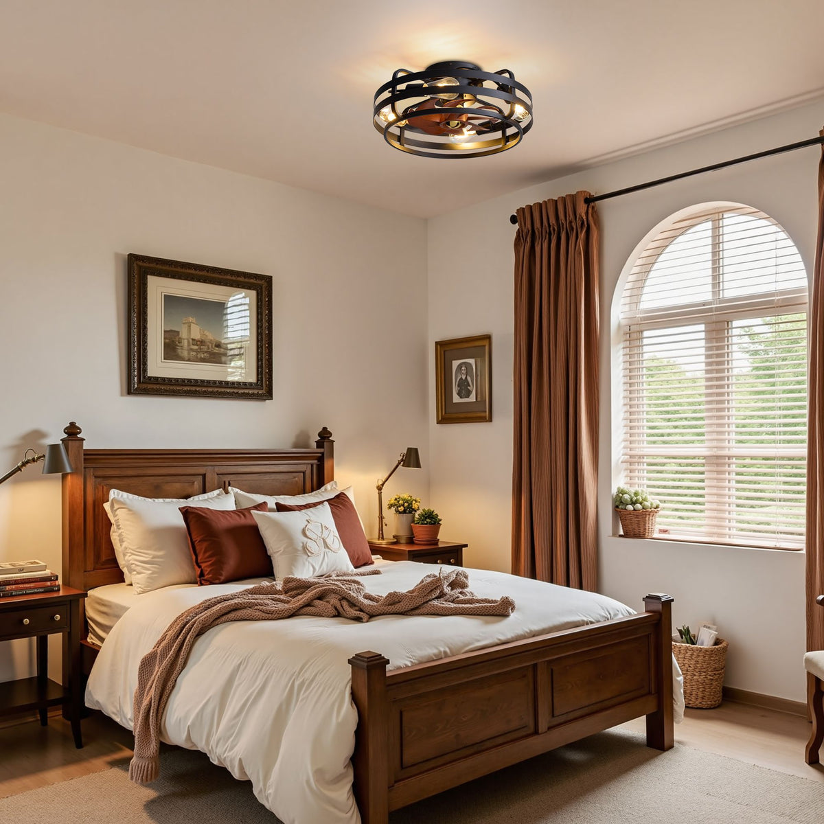 Wooden bed bedroom with black caged ceiling fan — warm tones, arched window, cozy rustic farmhouse bedroom styling | Sofary Lighting