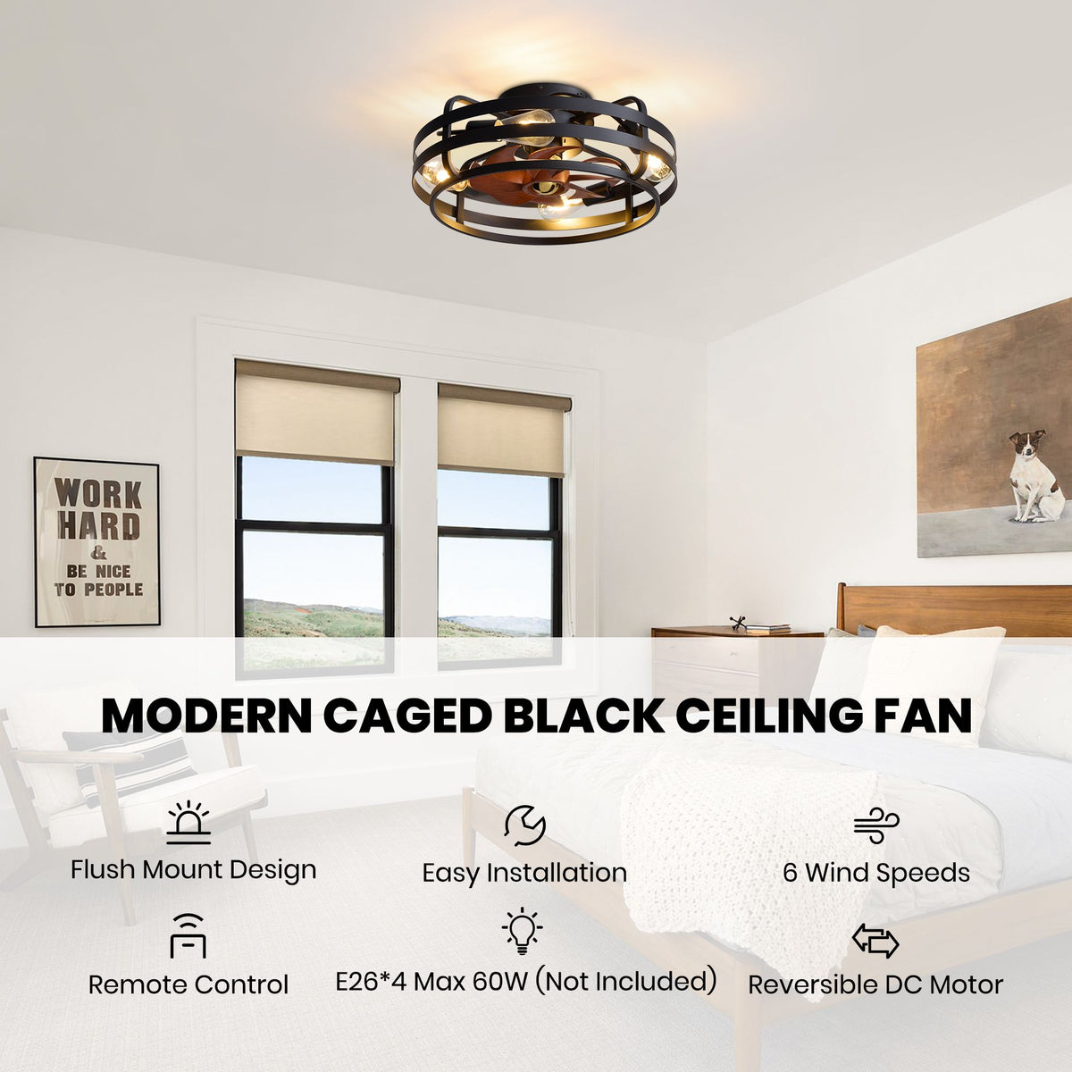 Modern caged black ceiling fan features — flush mount design, easy installation, 6 wind speeds, remote control, E26 x 4 max 60W (not included), reversible DC motor | Sofary Lighting
