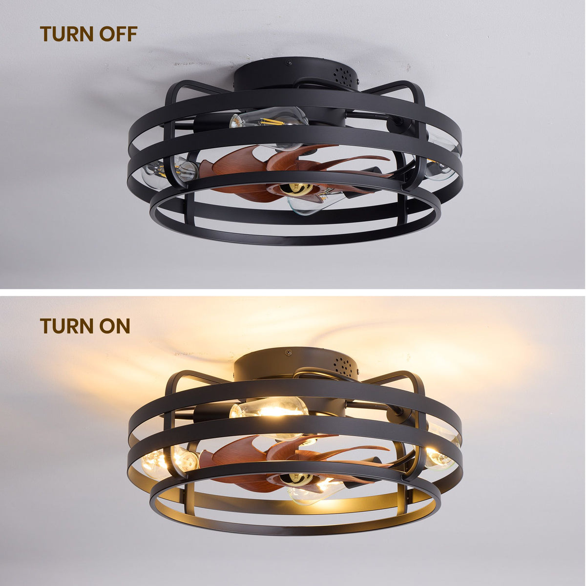 Caged ceiling fan light turn off vs turn on — exposed bulbs warm glow, black gold cage, wood blades, industrial farmhouse fandelier | Sofary Lighting
