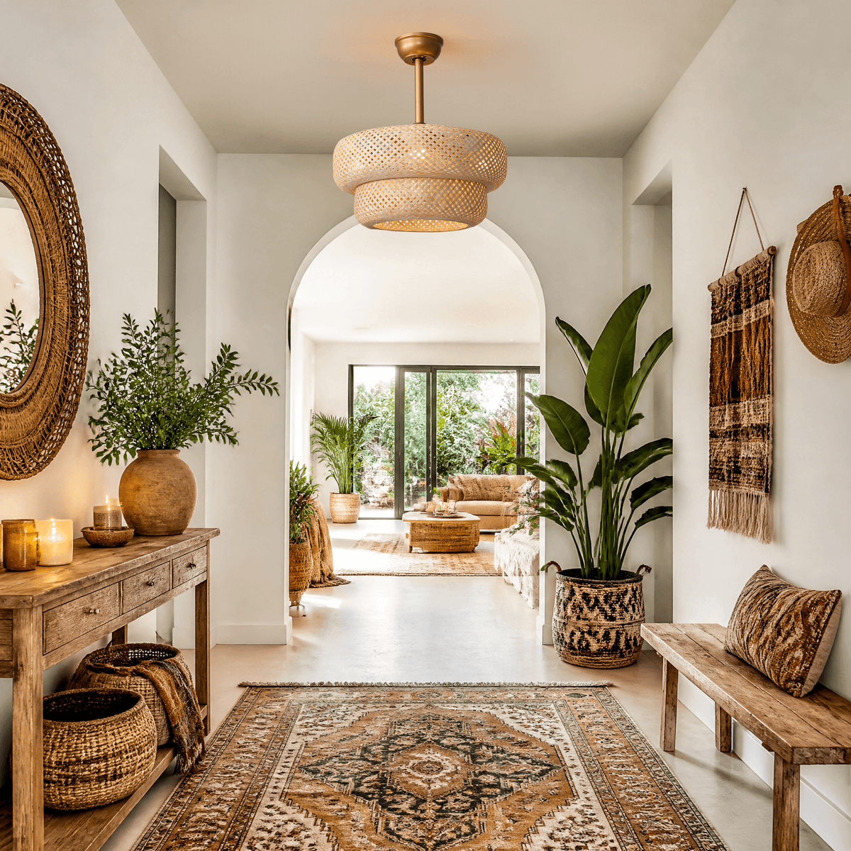Entryway with boho fandelier — arched doorway, wooden console, rattan mirror, plants, patterned rug, rustic welcoming entry | Sofary Lighting